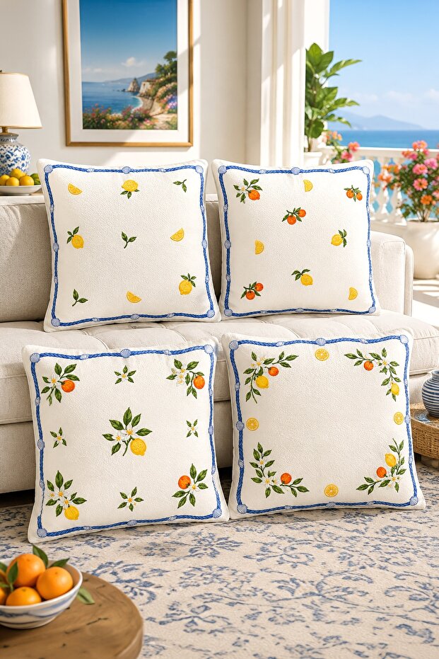 Sea Shell Framed Lemons Patterned 4-Piece Throw Pillow Cover Set