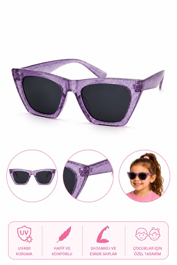 Purple Glitter Uv400 Protection Girls' Sunglasses Round Model Lightweight Durable Children's Eyewear