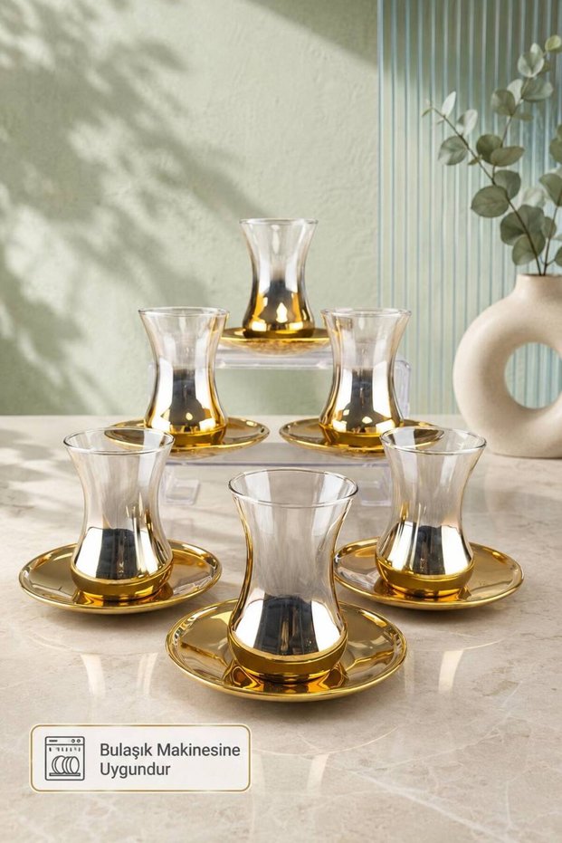 Glass Titanium Coated Tea Cup Set for 6 People - Luxury Dowry Tea Set - 12 Pieces