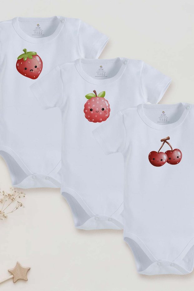 Organic 100% Cotton Strawberry Blackberry Cherry Design 3-Piece Baby Bodysuit 1202-1242-1243