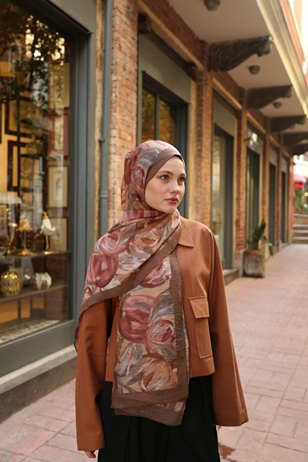 Allure Tulip Pattern Tencel Shawl - Brown Burgundy