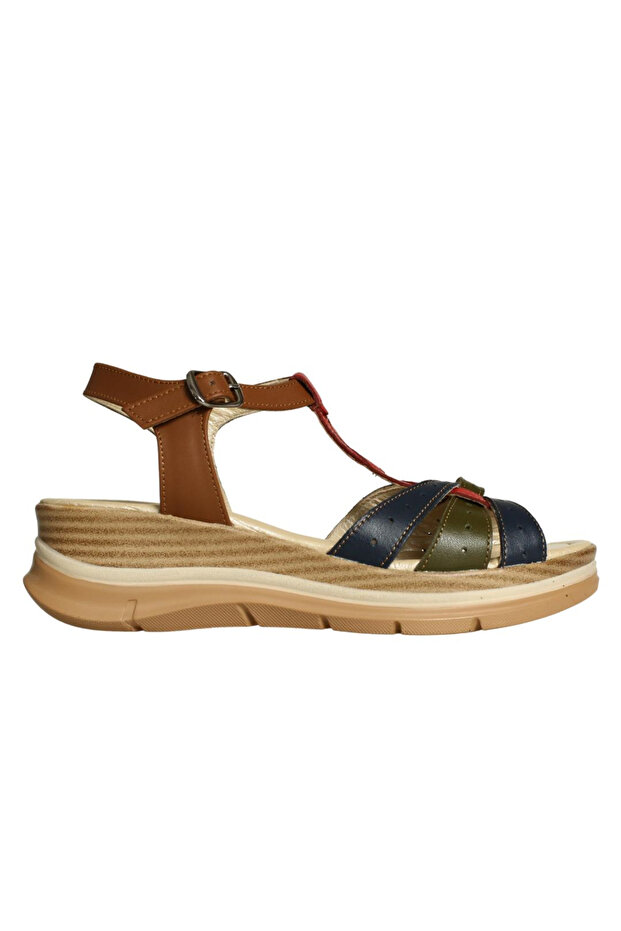 Red Combination Leather Women's Wedge Heel Sandals
