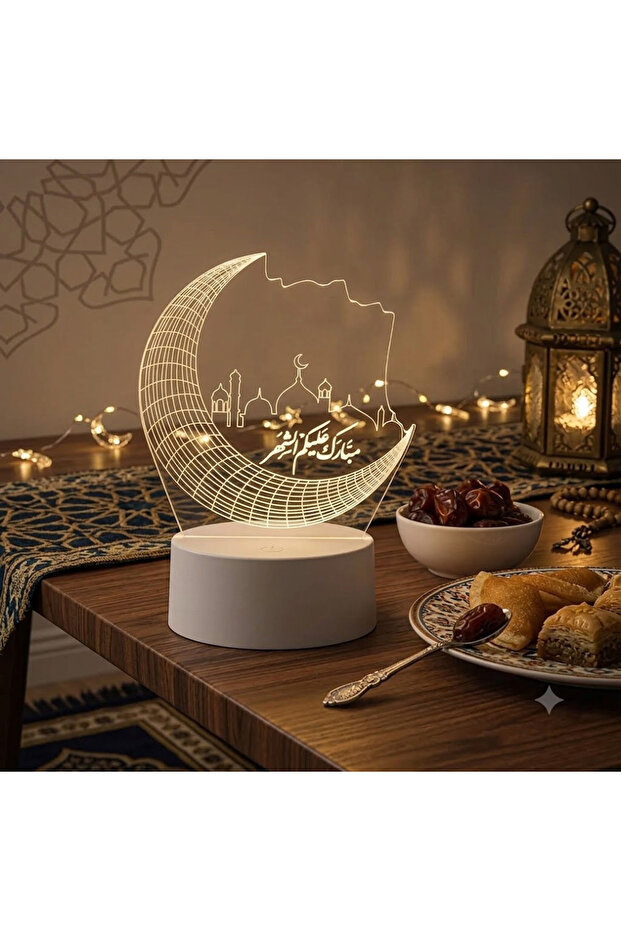 مصباح ليلي رمضاني ثلاثي الأبعاد بتصميم الهلال والمسجد بعبارة مبارك عليكم الشهر USB