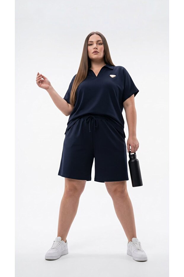 Women's Plus Size Short Sleeve Chest Label Detailed Polo Collar Shorts Set 8286-26