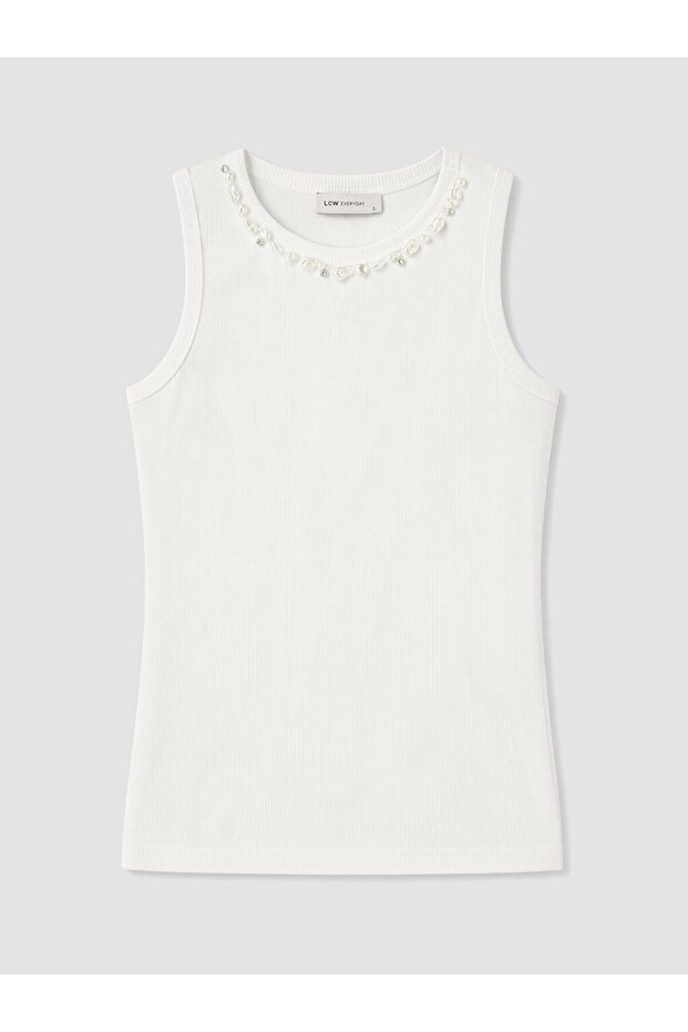 Lcw Everyday White Crew Neck Beaded Embroidered Women's Undershirt