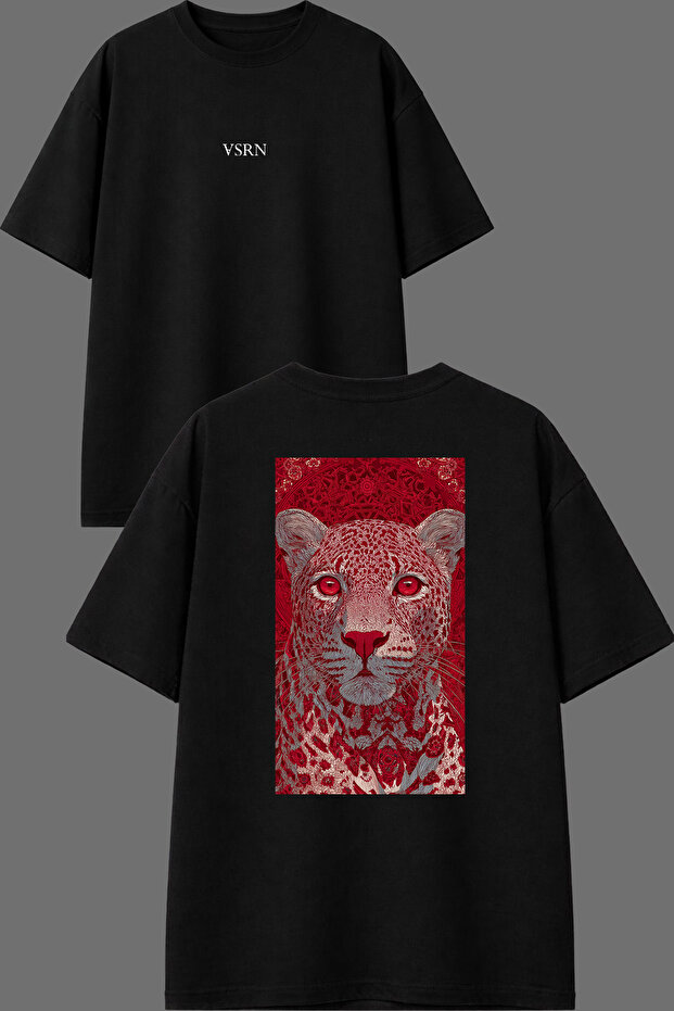 Red Cheetah Design Back Printed Black Oversize T-Shirt