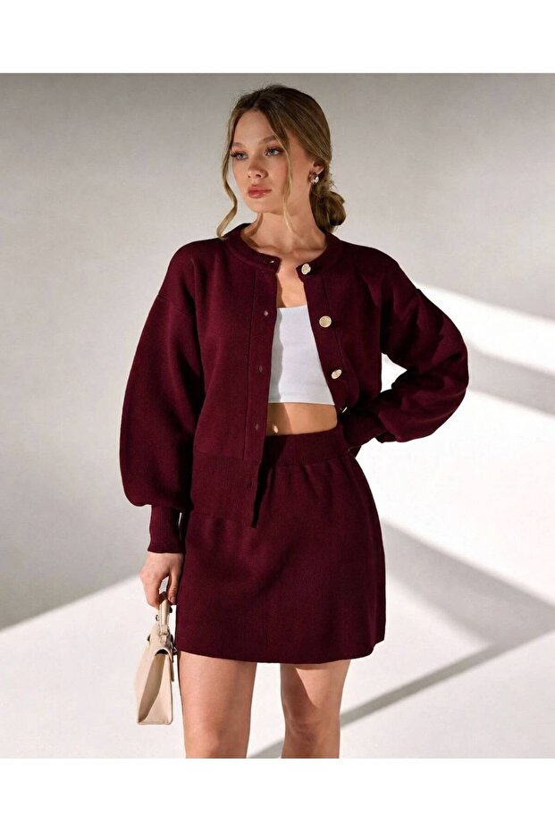 Gold Buttoned Balloon Sleeve Cardigan Skirt Elasticized Tricot Set