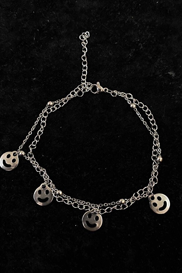 Silver Color Smiley Face Model Extension and Ball Chain Steel Anklet Stylish Trend Design Gift