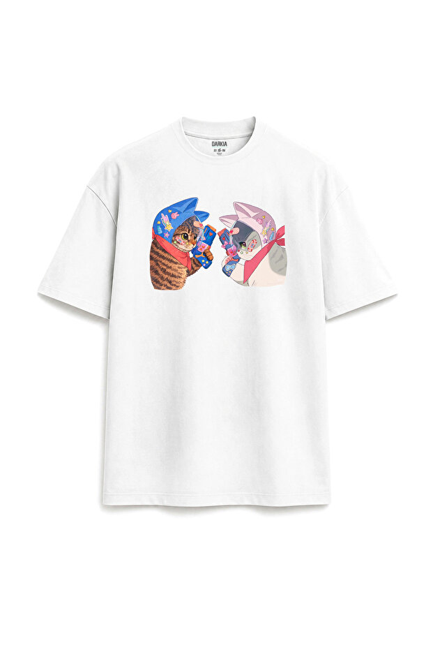 Astronaut Cats Printed Design Relax Fit White T-Shirt