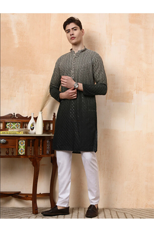 Mens Dual Tone Thread Work Viscose Rayon Kurta Set