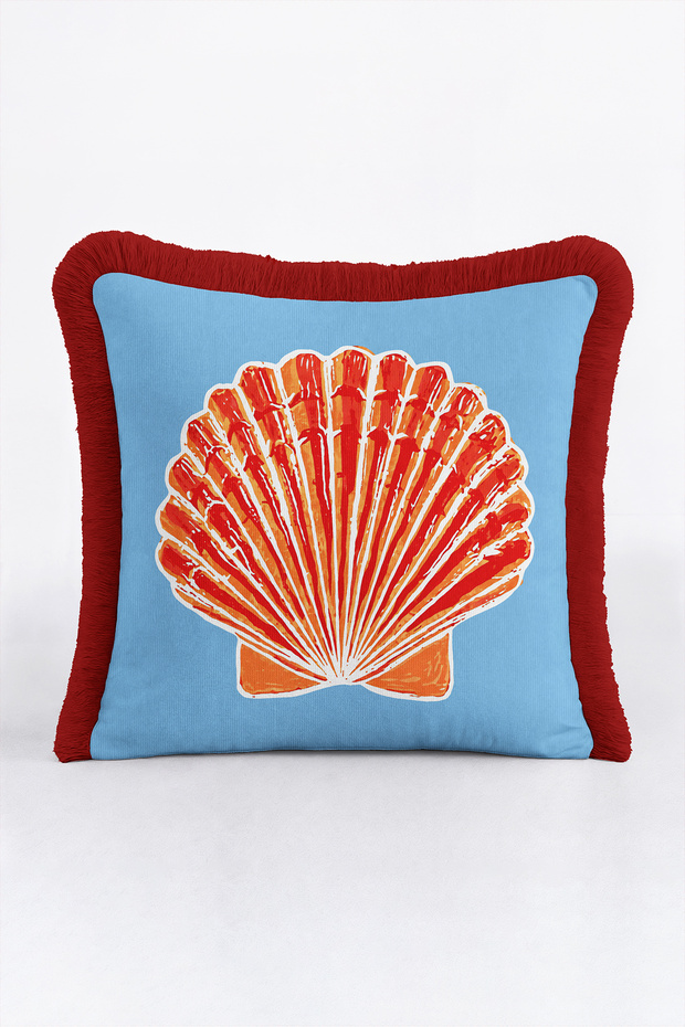 Seashell Coral Marine Fringed Pillowcase - Coastal Blue Orange Burgundy Tassel Throw Pillow Cover