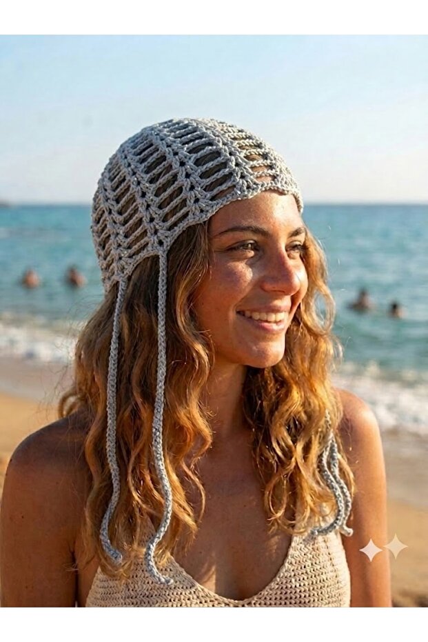 Hand Knitted Silver Gray Color Flexible Summer Glittery Mesh Hair Beanie