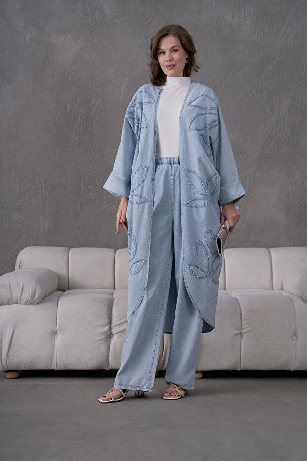 Women's Pearl Detailed Denim Kimono Cardigan Bottom-Top Set