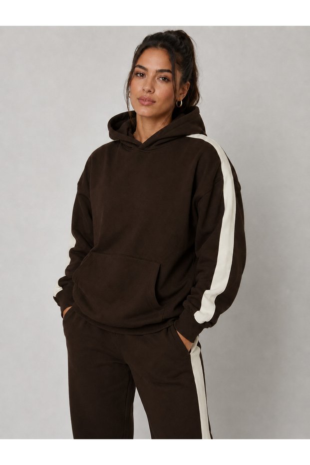 Women's Striped Detail Hooded Sweatshirt Brown