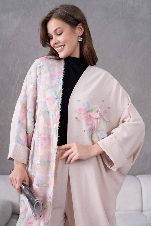 Women's Floral Embroidered Kimono Top and Bottom Set