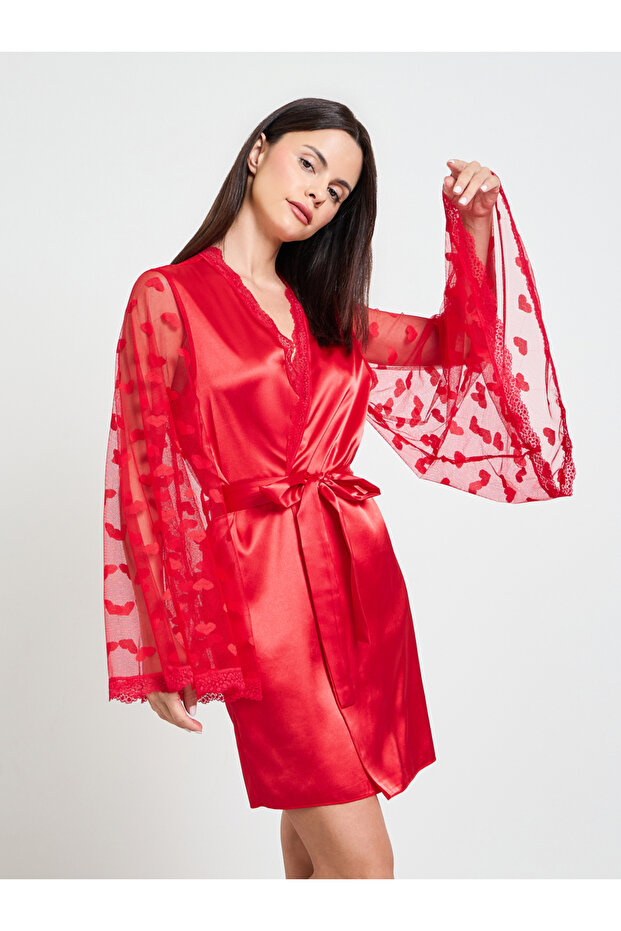 Red Satin Mesh Heart Pattern Robe