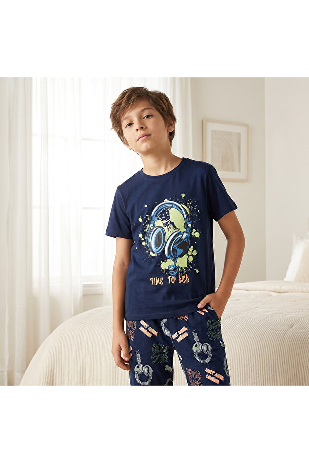 Cotton Crew Neck Short Sleeves Pyjama Set with Headphones Print