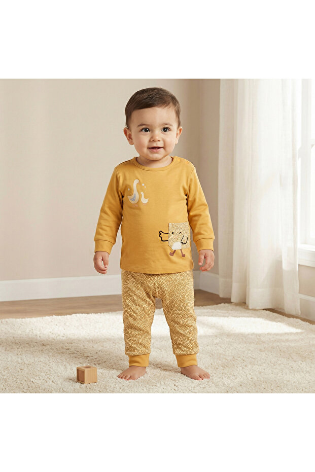 Cotton Round Neck Long Sleeves Pyjama Set with Duck Print