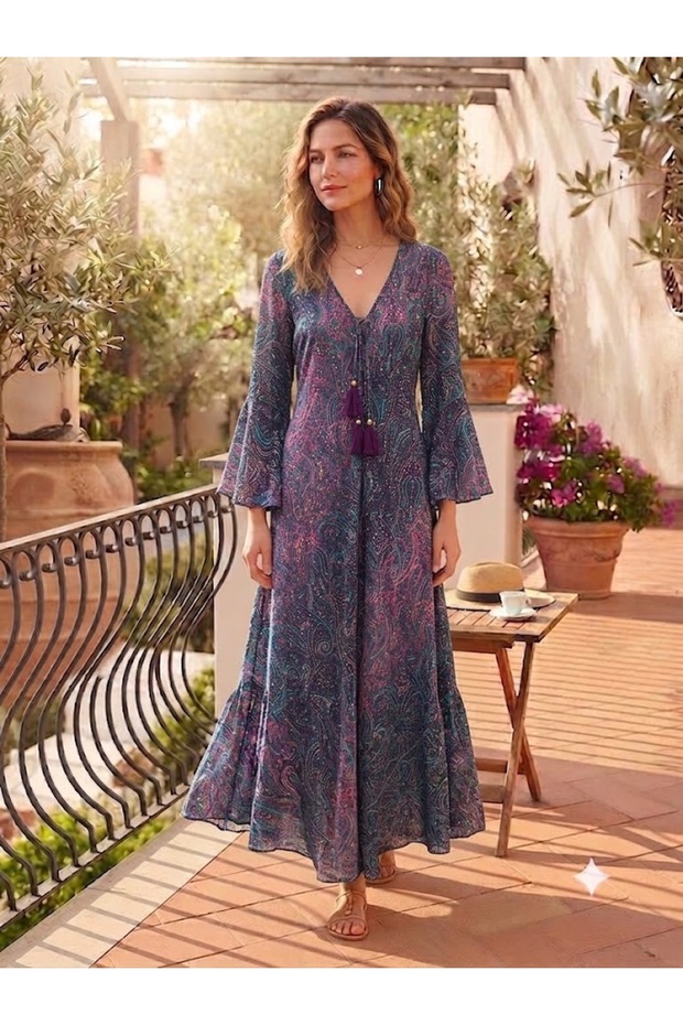 Women's Indian Ethnic Authentic Patterned Flounce Sleeve Long Silk Dress