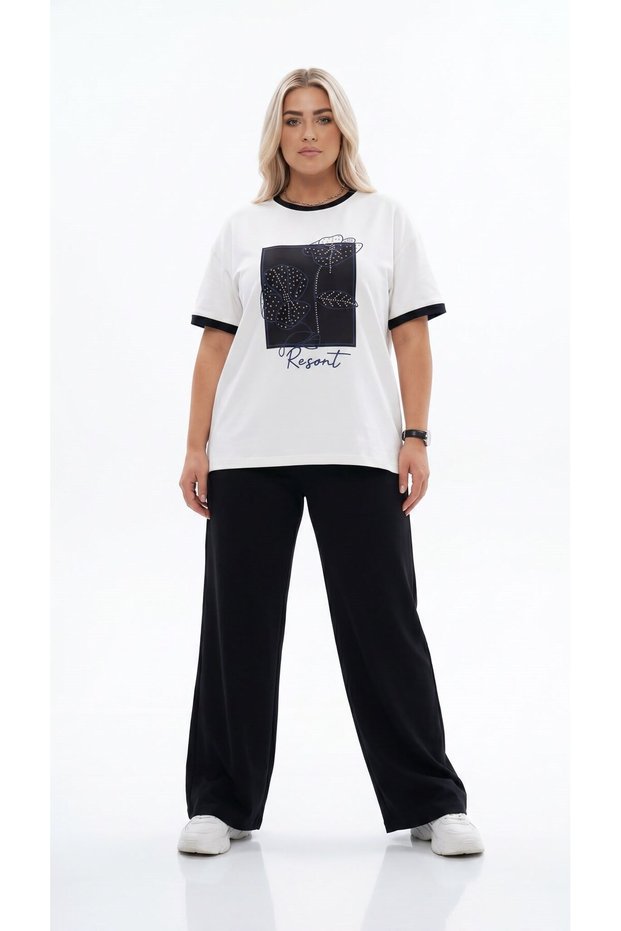 Women's Plus Size Short Sleeve Crew Neck Sweatshirt Set with Stone Detail 8282-26
