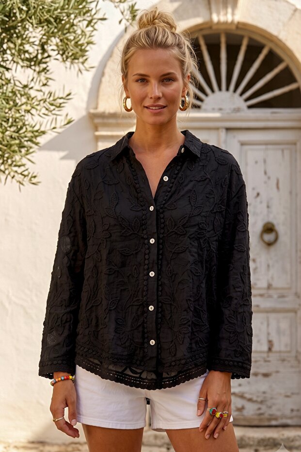 Black Shirt Collar Long Sleeve Buttoned Embroidered Casual Organza Fabric Woven Shirt 62 62