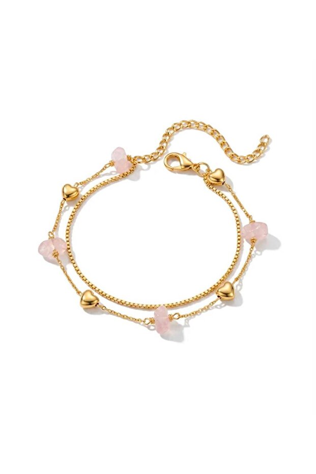 Zircon Pink Stone Detailed Gold Chain Anklet