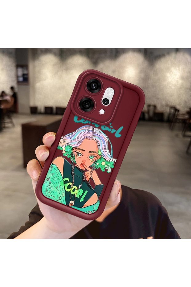 Oppo Reno 14 Pro 5g Compatible Case Camera Protector Burgundy Silicone Couple Phone Case Girl Pattern