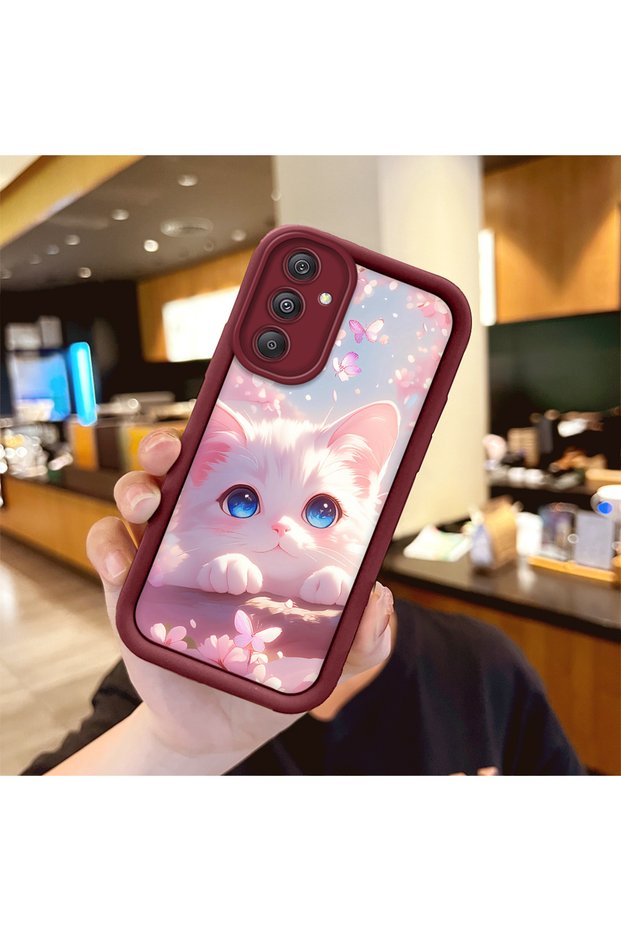 Samsung Galaxy M34 5g Compatible Case Camera Protector Burgundy Silicone Couple Phone Case Cat Pattern