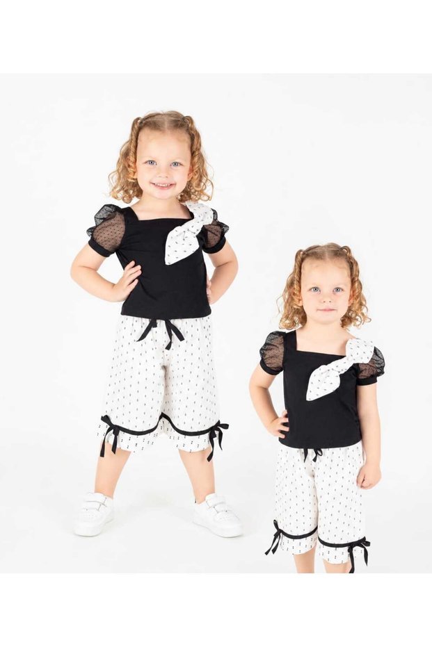 Girls' 2-Piece Set Tulle Sleeves Black Blouse and Patterned Lace-Up Trousers