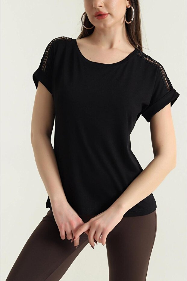 Women's Authentic Knitted Viscose Basic Blouse with Guipure Detail on the Shoulder