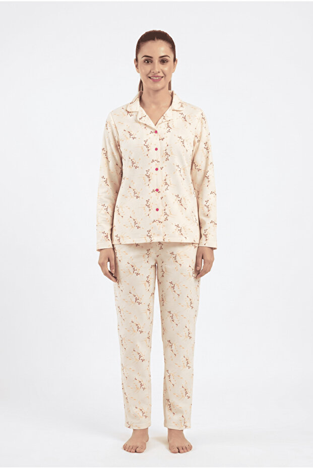Buttoned front waffle fabric ivy pattern seasonal pajama set