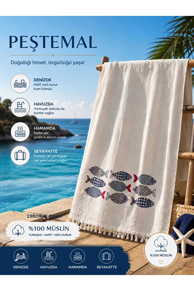 Muslin Cotton Beach Towel Peshtemal with Fish and Sea Design