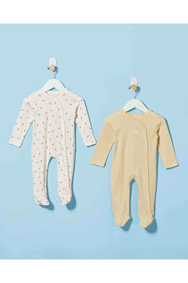 Baby White And Beige Jacquard 2 Pieces Sleepsuit Set