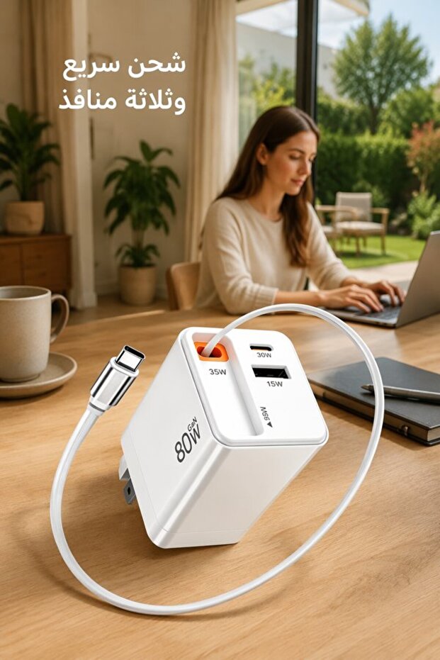 شاحن سريع Gan بقوة 80 واط مع منفذ USB-C ومحول PD، قابس سفر قابل للطي مع كابل قابل للسحب