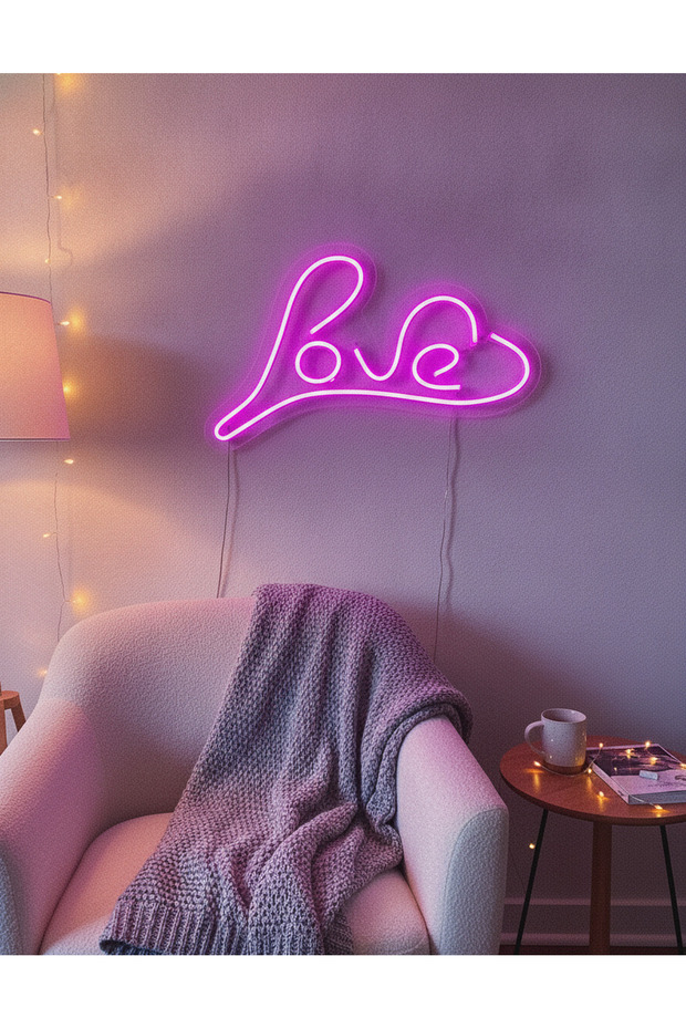 Love Yazılı LED Neon Duvar Tablosu | Mor Aydınlatmalı Modern Dekor | Yatak Odası - 4