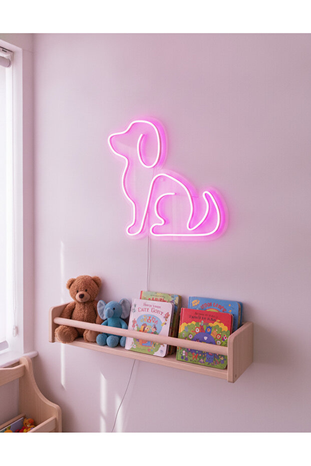 Köpek Figürlü LED Neon Duvar Tablosu | Pembe Aydınlatmalı Modern Dekor | Çocuk Odası - 2