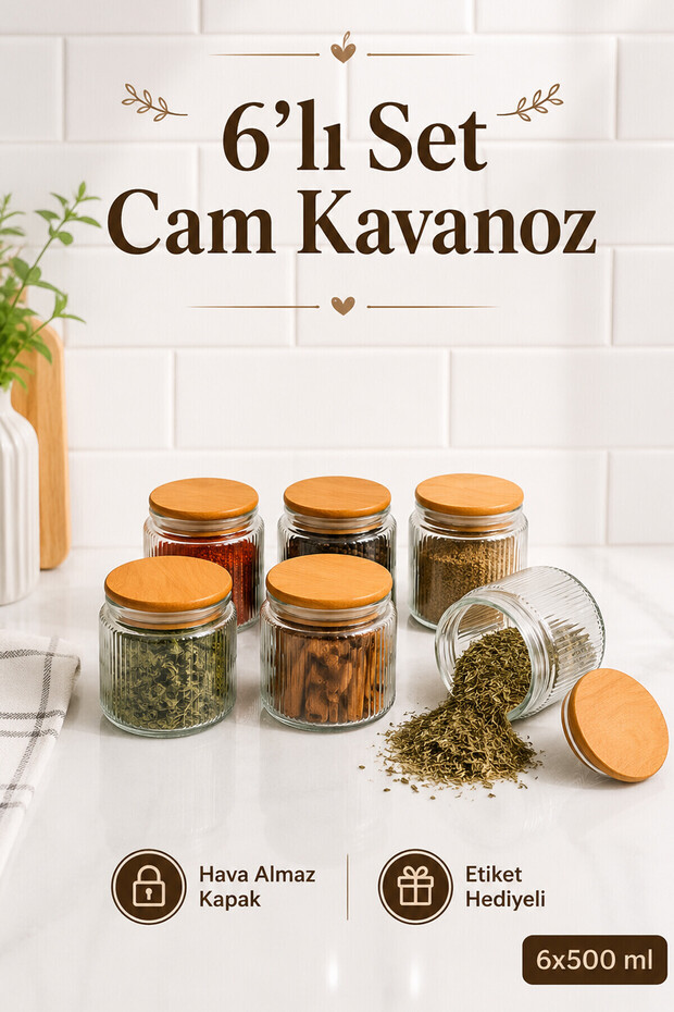 Set of 6 Glass Storage Containers and Spice Jars – 500 ml Striped Glass Jars with Wooden Lids and Label Gift