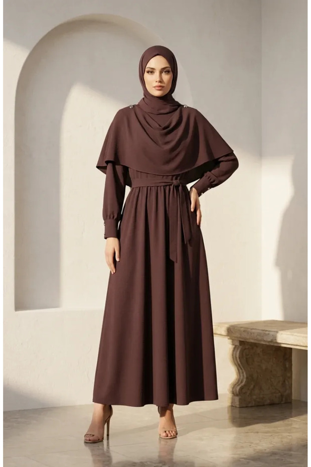 Cape Detailed Belted Hijab Dress 2291-04 Brown