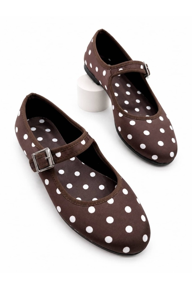 Women's Brown Polka Dot Pattern Flat Sole Adjustable Buckle Detail Ballerinas