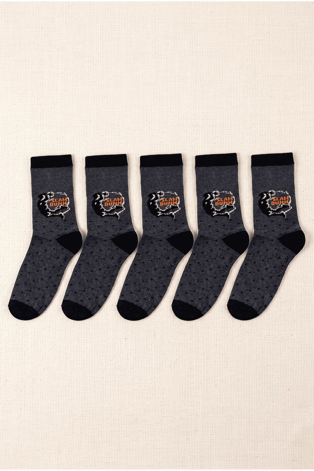 Boy's 9-10 Years Old Polka Dot Patterned Black Gray 5-Piece Sock Set