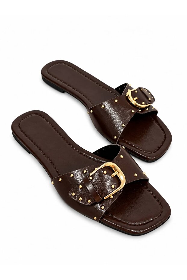 Women's Brown Flat Sole Slippers with Buckle Usira