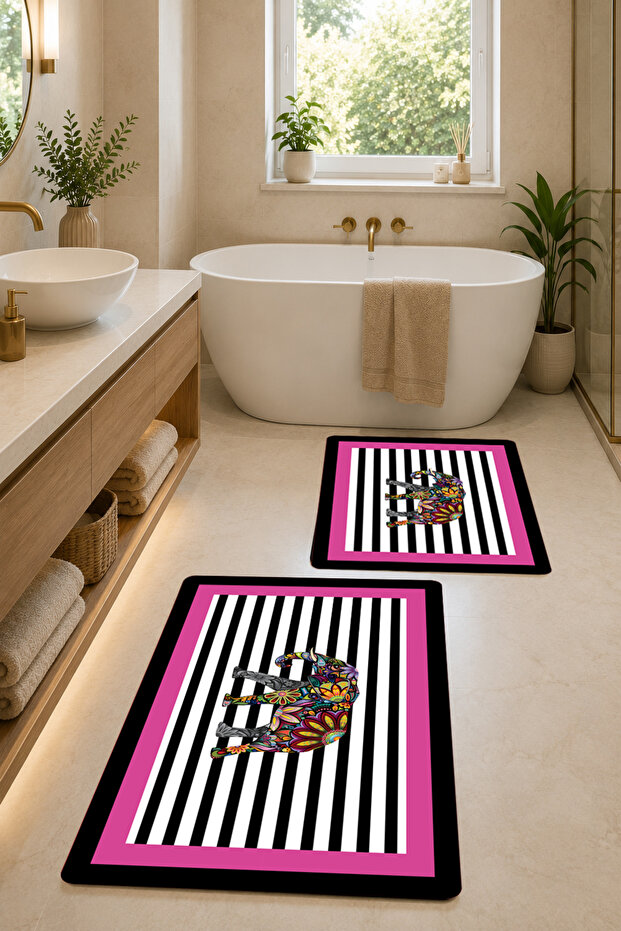 Non-Slip Base Washable 2-Piece Plain Elephant Pattern Bath Mat and Toilet Set – Modern Bathroom Rug