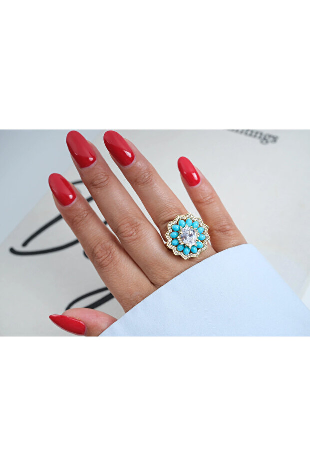 Yzk553 Gold Turquoise Stone Flower Adjustable Ring