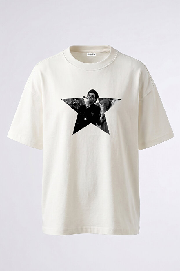 The Weeknd_55 Design Printed Oversize White T-Shirt