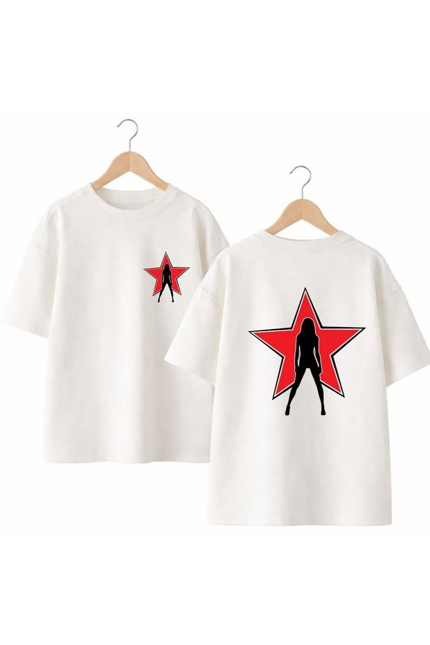 Star Girl Shadow Printed Back and Front Chest 100% Cotton Oversize Loose Regular Fit Crew Neck T-Shirt