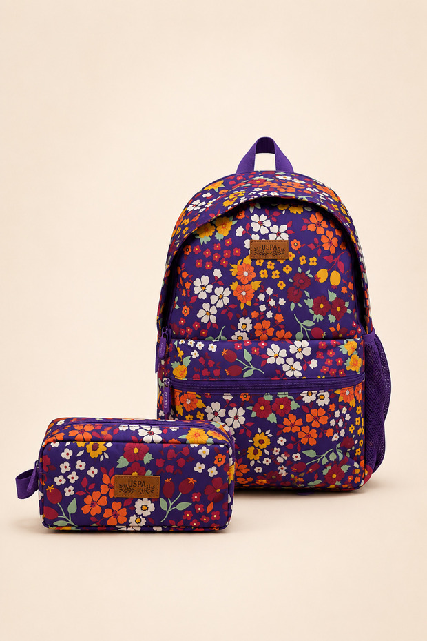 Girl's Floral Patterned 2-Piece School Bag Set Backpack Pen Holder Purple