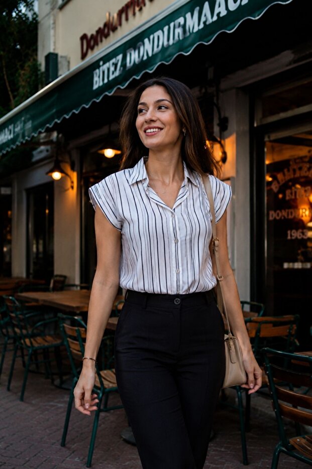 Women's White-Black Padded Sleeveless Shirt Arm-26Y001144