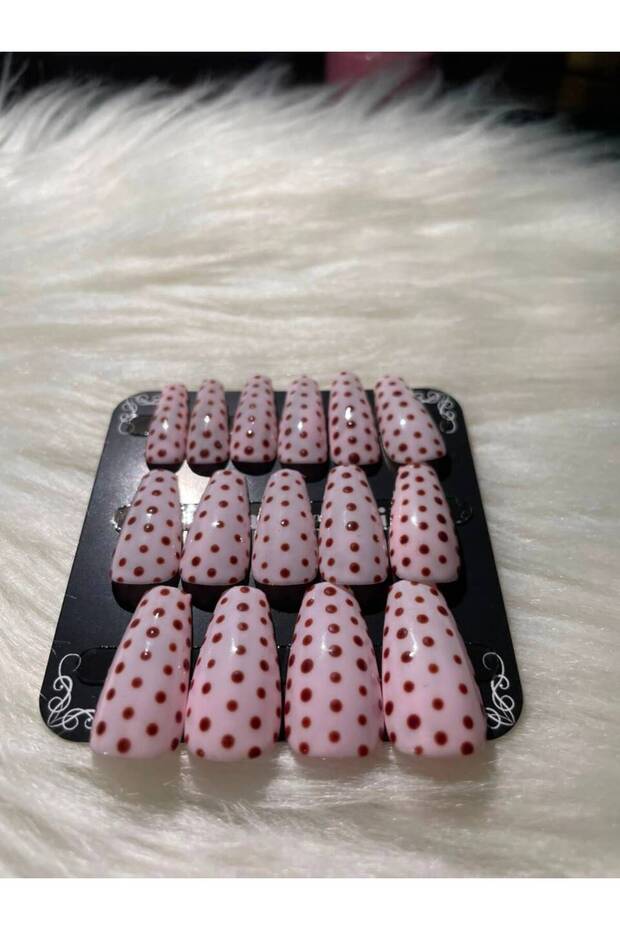 Handmade Press-On Nails Set - Size Medium Soft Pink & Burgundy Red Polka Dot Coffin Custom Gel Nails