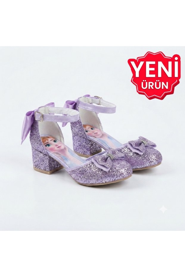 Girls' Purple Color Inside Illustrated Miniature Thick Heel Dressy Princess Shoes