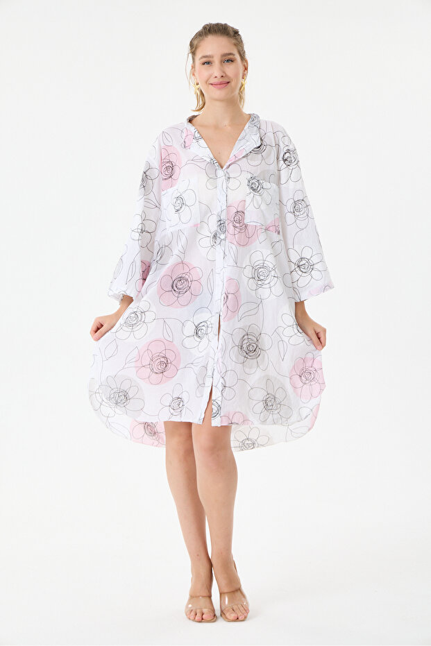 White Italian Plus Size Floral Patterned Tunic Shirt Dress 42 - 46 Size